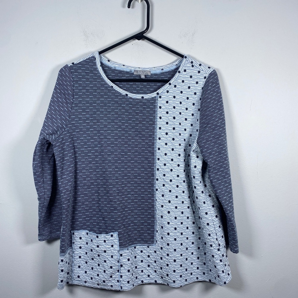 Habitat Mixed Media Patchwork Top Womens M Blue 3/4 Sleeve Lagenlook Minimalist